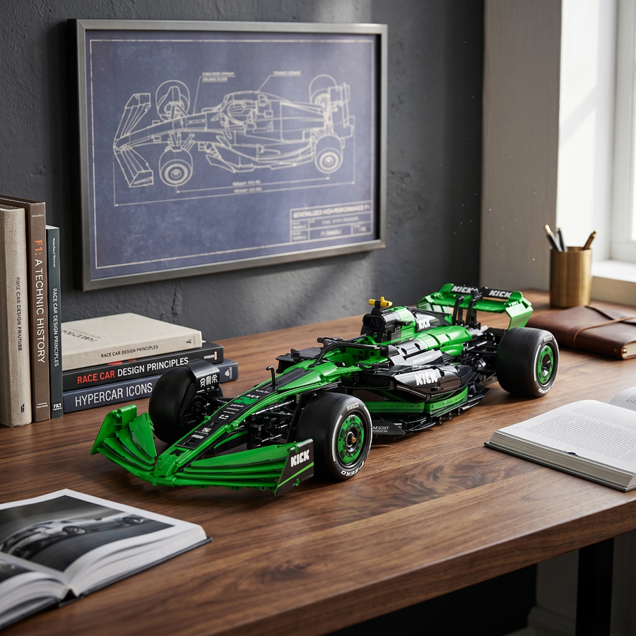 Formule 1 CaDA en briques verte et noire sur bureau avec plan technique encadré - modèle échelle 1:8
