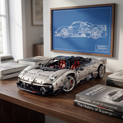 Maquette Pagani Utopia en briques sur bureau avec plan technique encadré - modèle échelle 1:8 TrackBricks