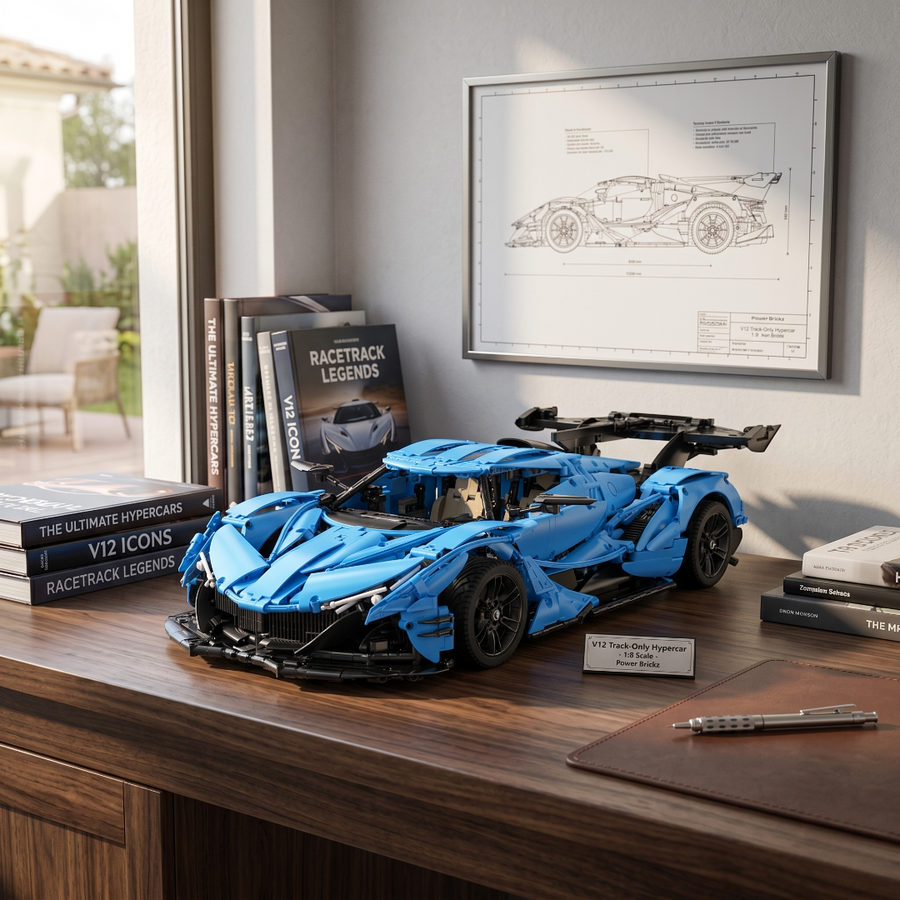Hypercar V12 Apollo en briques 1:8 vue avant - Supercar de piste bleue