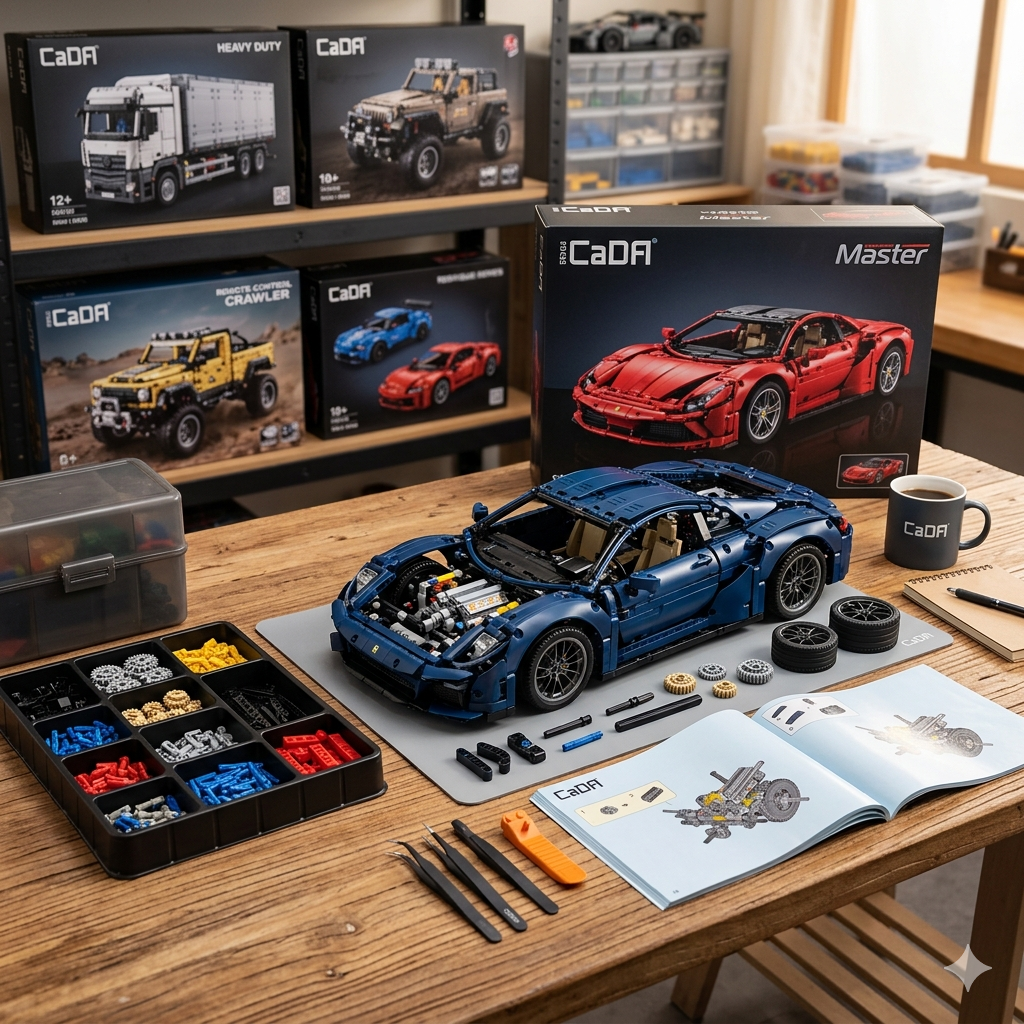 Modèle réduit de voiture de sport bleue en cours d'assemblage avec des briques de construction CaDA Bricks.