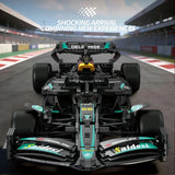 F1 Racing Car Reobrix en briques 1:8 – vue trois-quarts avant avec détails aérodynamiques