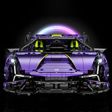 Lamborghini Purple Bull en briques 1:8 – vue de face avec prises d'air et phares LED