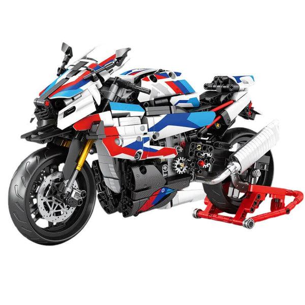 Superbike M1000 RR Moto League Reobrix 99040 en briques — vue 3/4 avant avec livrée tricolore M Sport