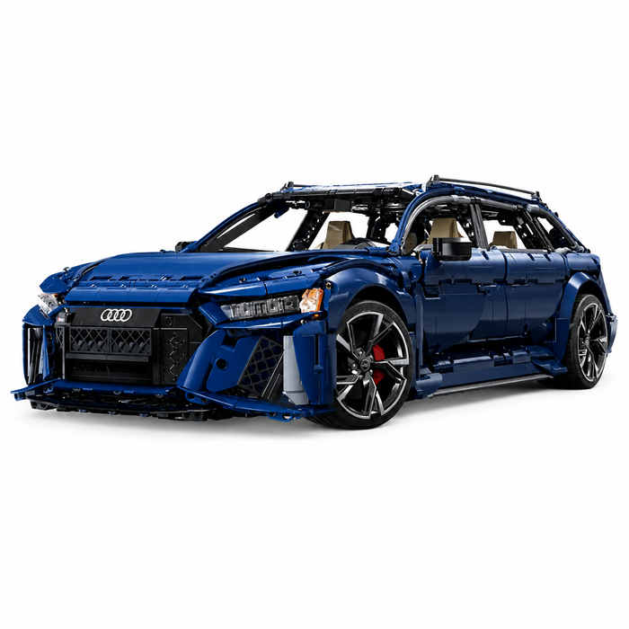 Set de construction Audi RS 6 Avant CaDA C61515 vue 3/4 avant en bleu Navarra avec boîte acrylique
