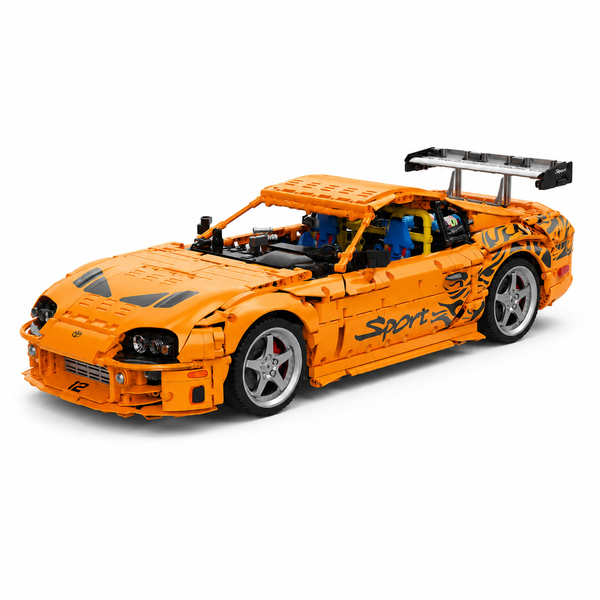 Toyota Supra A80 maquette voiture en briques 1:8 - Vue trois-quarts avant orange Fast and Furious | TrackBricks
