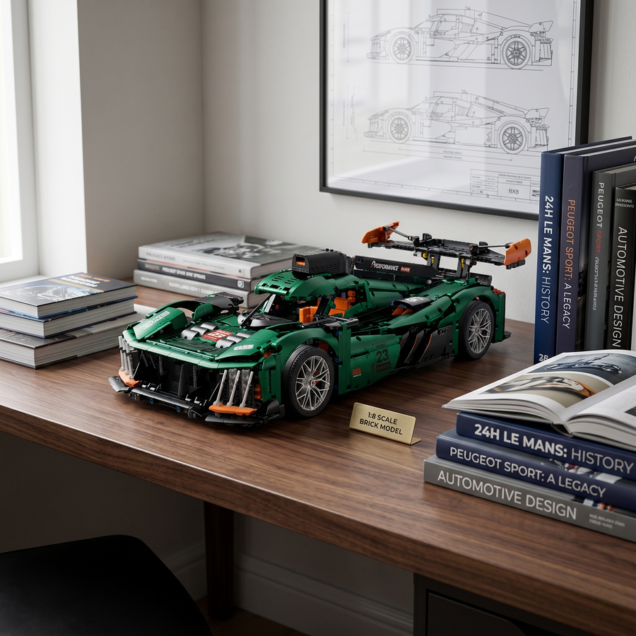Peugeot Le Mans en briques 1:8 – vue principale du prototype d'endurance sur fond épuré