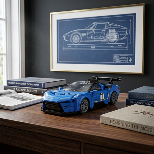Maserati GT2 RC en Briques 1:20 sur un bureau moderne et premium