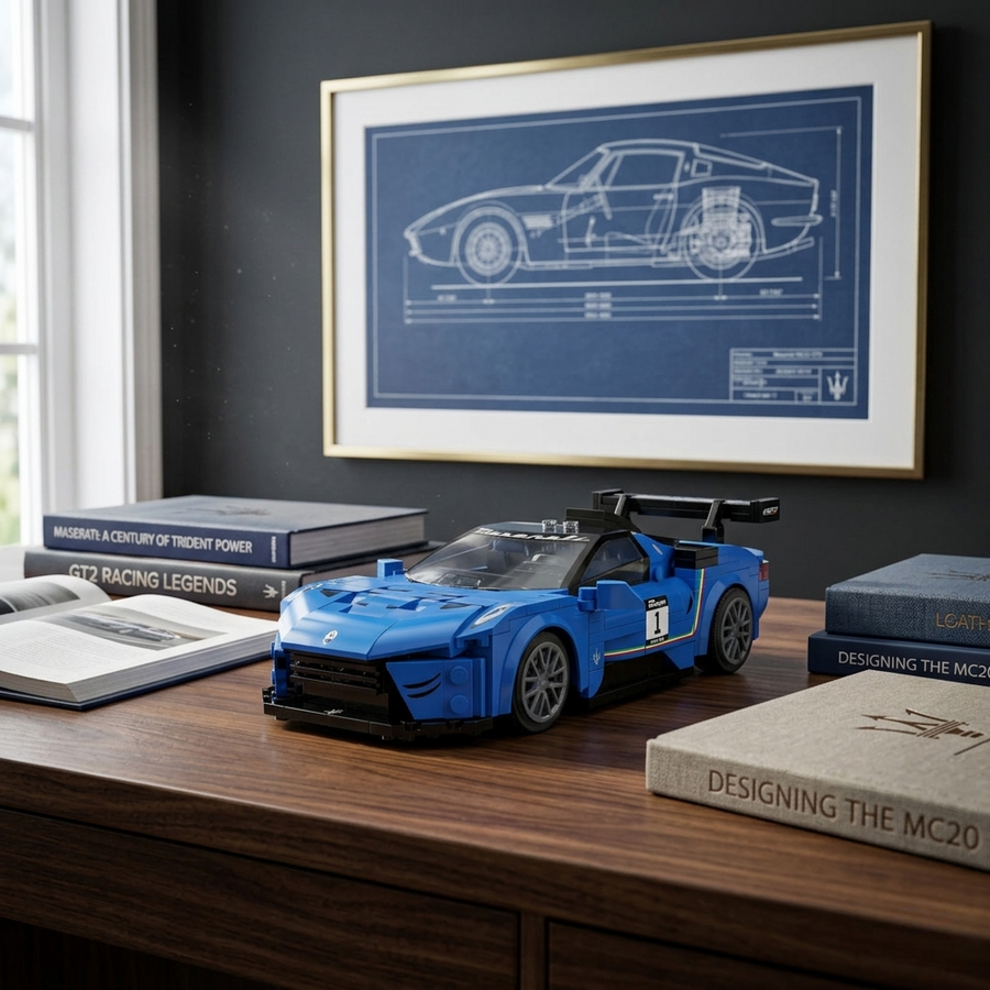 Maserati GT2 RC en Briques 1:20 sur un bureau moderne et premium