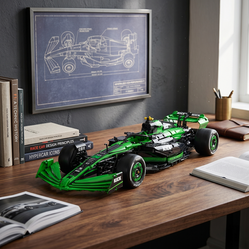 Formule 1 CaDA en briques verte et noire sur bureau avec plan technique encadré - modèle échelle 1:8