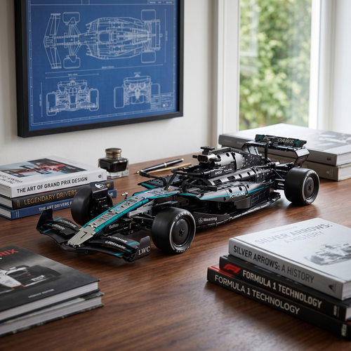 Mercedes AMG F1 W16 en briques 1:8 – vue principale de la monoplace argentée sur fond épuré