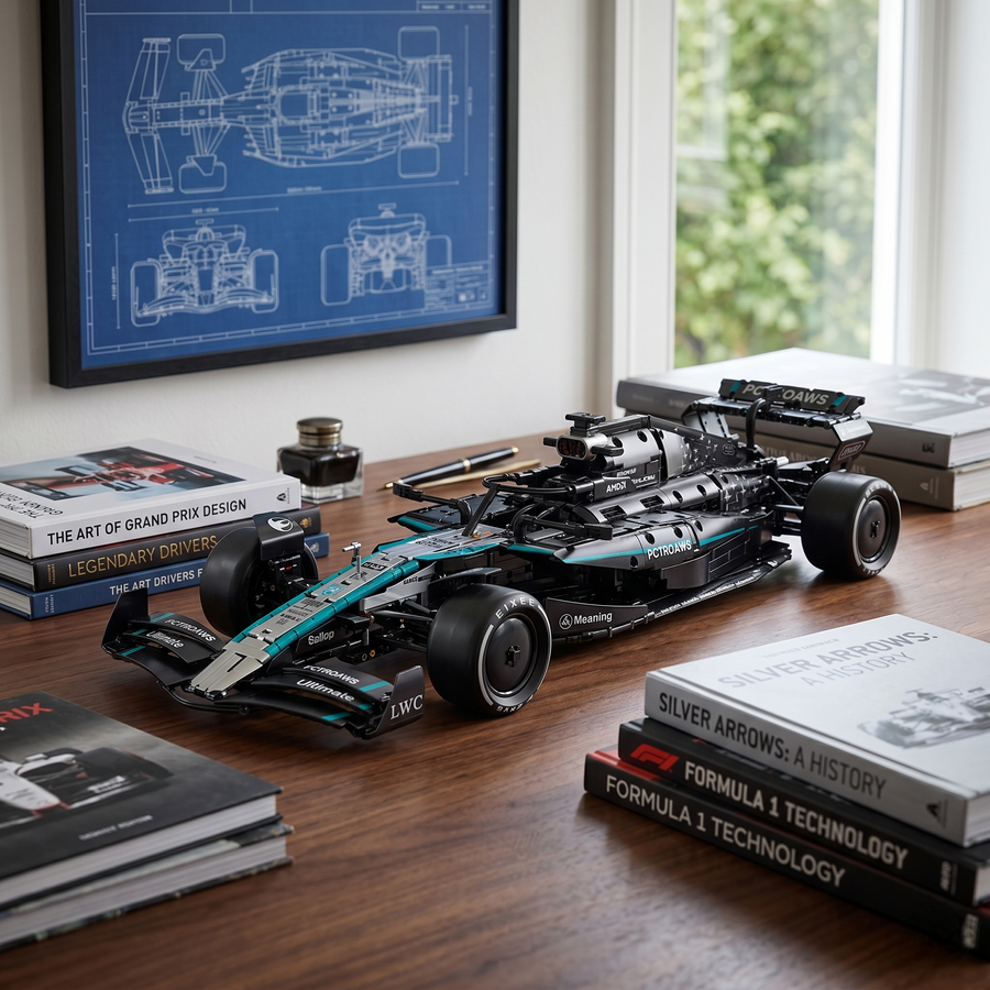 Mercedes AMG F1 W16 en briques 1:8 – vue principale de la monoplace argentée sur fond épuré