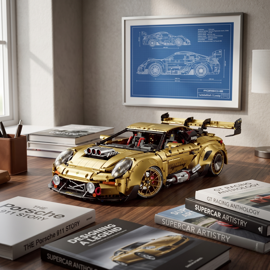 Porsche GT3 Gold Edition en briques 1:8 – vue principale de la supercar dorée sur fond épuré