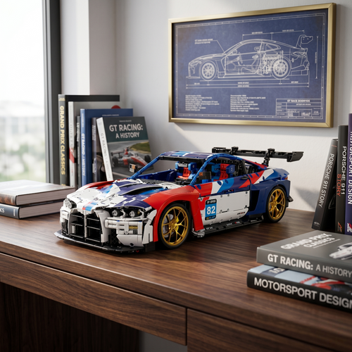 BMW M4 GT3 Racing en briques 1:8 posée sur un bureau avec cadre blueprint GT Racing en arrière-plan