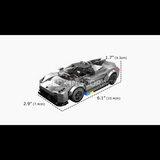 Dimensions du modèle voiture en briques avec proportions et taille du produit affichées.